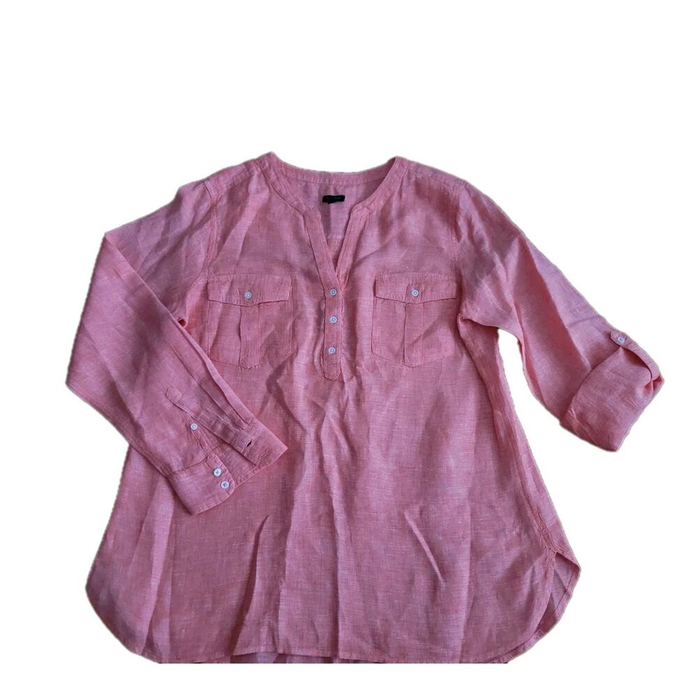 Talbots Popover Womens Coral Pink Long Sleeve 100 % Linen Shirt Size XL Read